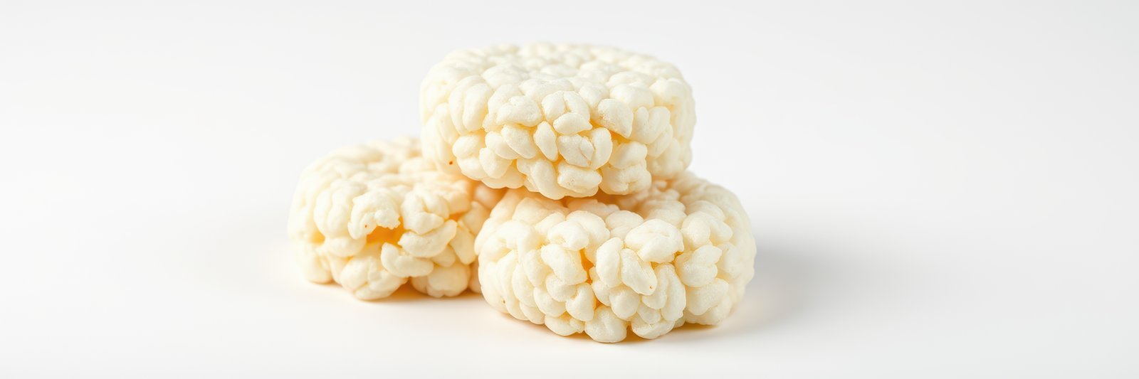 Crunchy rice snacks stacked on a white background, showcasing their texture and light appearance for healthy eating options